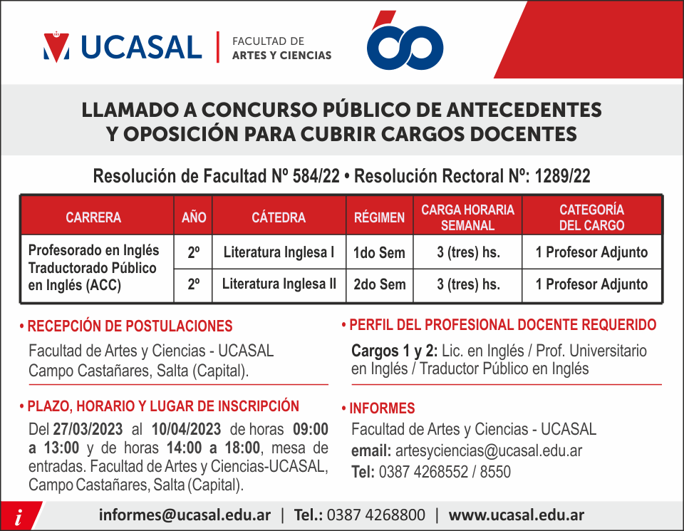 Llamado a concurso público para cubrir cargos docentes en la carrera de  Profesorado en Inglés y Traductorado Público en Inglés - UCASAL -  Universidad Católica de Salta